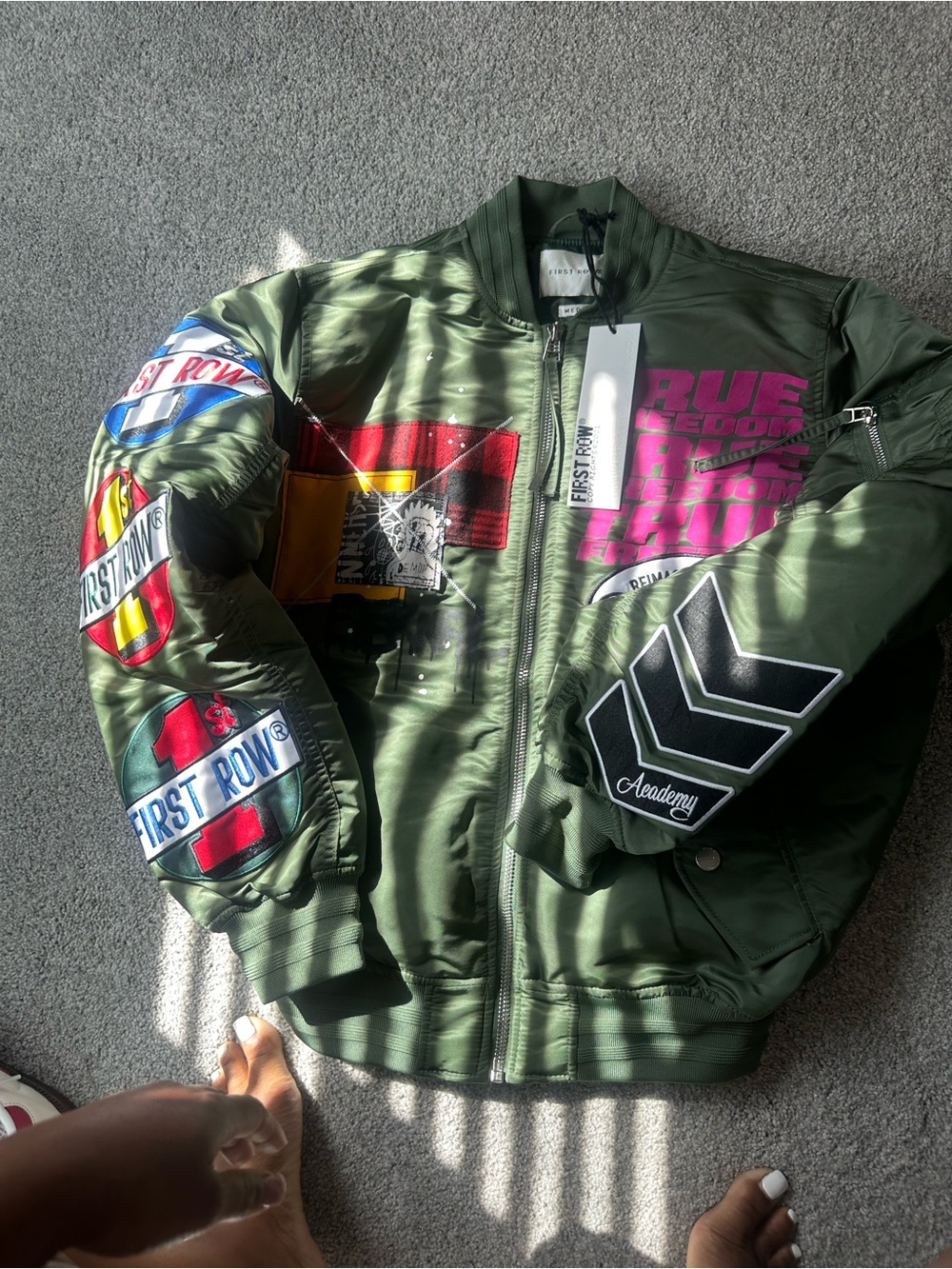 Olive Green Patchwork Bomber Jacket by First Row